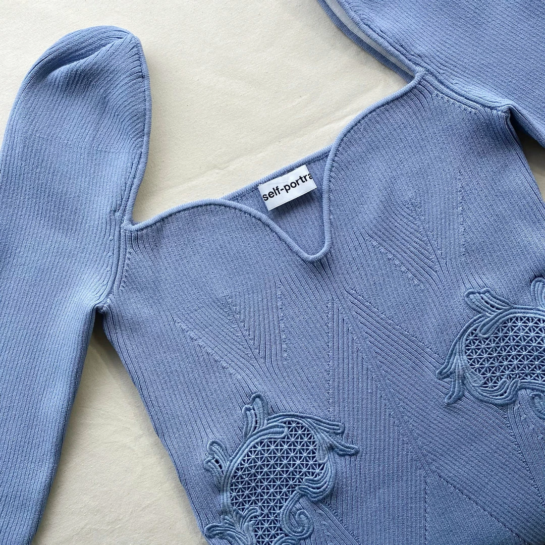 Self-portrait NEW ARRIVALS Pastel Blue Lace Insert Knit Mini Dress