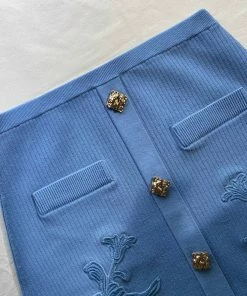 Self-portrait Pastel Blue Lace Insert Ribbed Knit Skirt NEW ARRIVALS