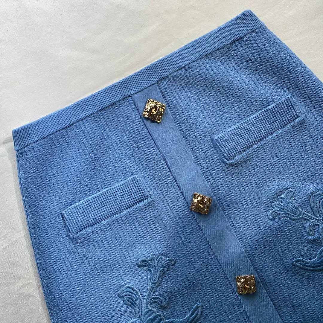 Self-portrait Pastel Blue Lace Insert Ribbed Knit Skirt NEW ARRIVALS