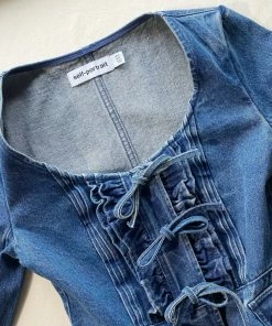 Self-portrait NEW ARRIVALS Dark Wash Denim Bow Top