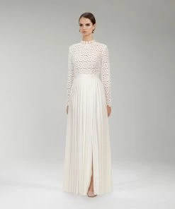 Self-portrait READY TO WEAR Pleated Crochet Floral Maxi Dress