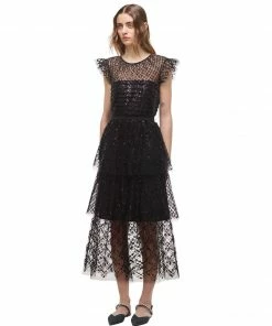 Self-portrait READY TO WEAR Black Grid Sequin Tiered Midi Dress
