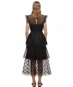 Self-portrait READY TO WEAR Black Grid Sequin Tiered Midi Dress
