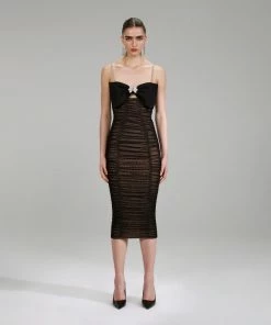 Self-portrait Black Power Mesh Midi Dress