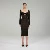 Self-portrait Black Power Mesh Long Sleeve Midi Dress