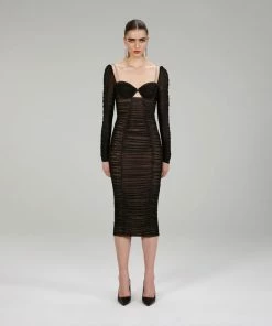 Self-portrait Black Power Mesh Long Sleeve Midi Dress