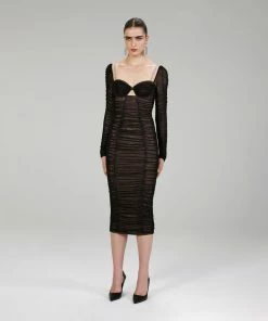 Self-portrait Black Power Mesh Long Sleeve Midi Dress