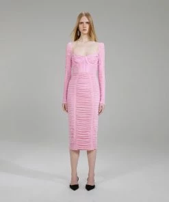 Self-portrait NEW ARRIVALS Pink Power Mesh Long Sleeve Midi Dress