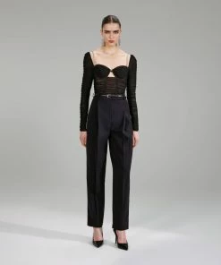 Self-portrait Black Power Mesh Long Sleeve Top