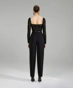 Self-portrait Black Power Mesh Long Sleeve Top