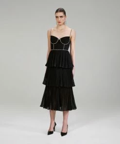 Self-portrait Black Chiffon Tiered Midi Dress