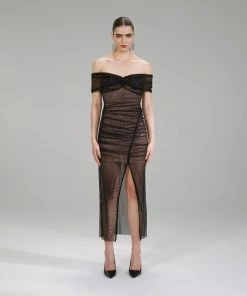 Self-portrait NEW ARRIVALS Diamante Fishnet Off Shoulder Midi Dress