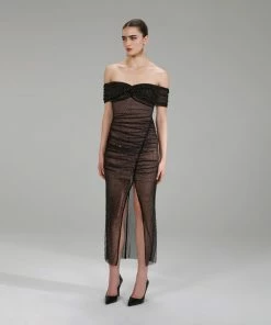 Self-portrait NEW ARRIVALS Diamante Fishnet Off Shoulder Midi Dress