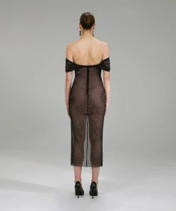 Self-portrait NEW ARRIVALS Diamante Fishnet Off Shoulder Midi Dress