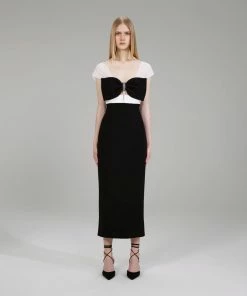 Self-portrait Black And White Crepe Bow Midi Dress