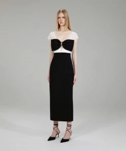 Self-portrait Black And White Crepe Bow Midi Dress