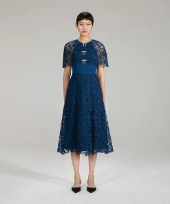 Self-portrait Dark Blue Magnolia Lace Midi Dress