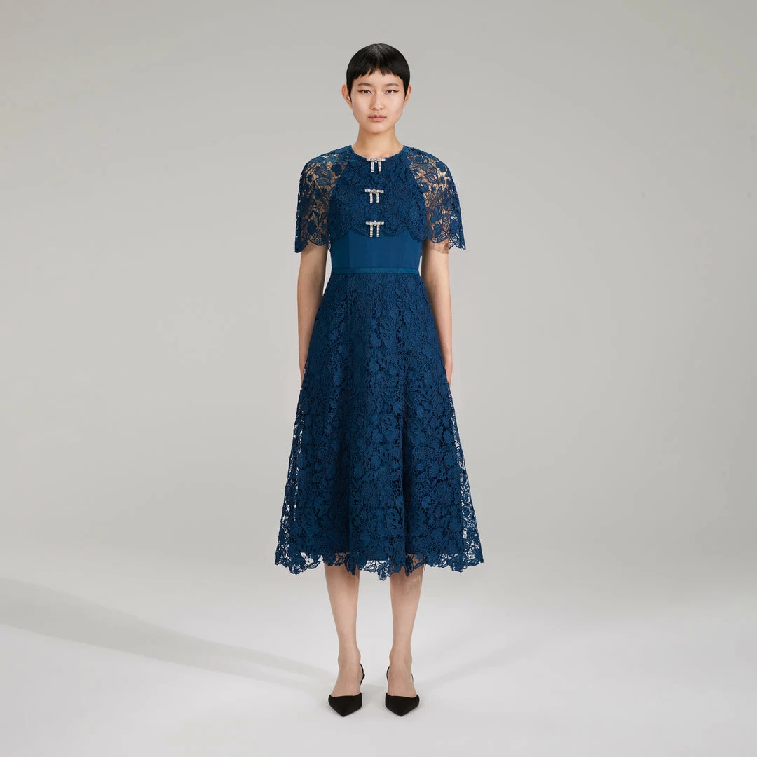 Self-portrait Dark Blue Magnolia Lace Midi Dress