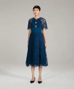 Self-portrait Dark Blue Magnolia Lace Midi Dress