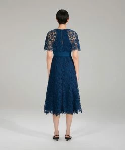 Self-portrait Dark Blue Magnolia Lace Midi Dress