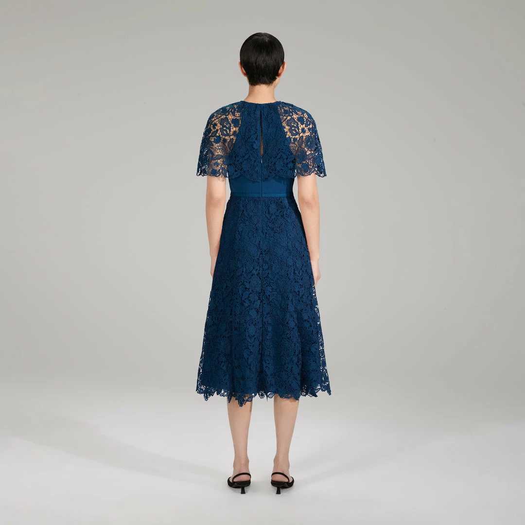 Self-portrait Dark Blue Magnolia Lace Midi Dress