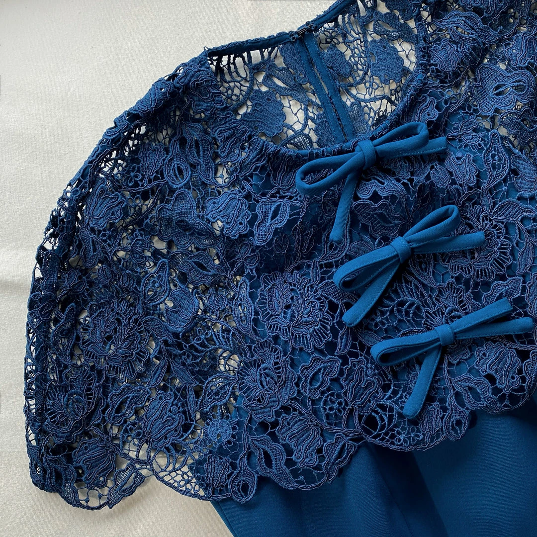 Self-portrait Dark Blue Magnolia Lace Midi Dress