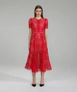 Self-portrait Red Guipure Lace Midi Dress