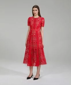 Self-portrait Red Guipure Lace Midi Dress