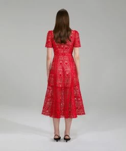 Self-portrait Red Guipure Lace Midi Dress