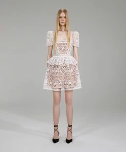 Self-portrait White Guipure Lace Tiered Mini Dress