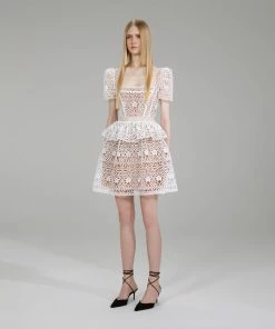 Self-portrait White Guipure Lace Tiered Mini Dress