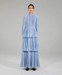 Self-portrait Pastel Blue Ruffled Bib Maxi Dress