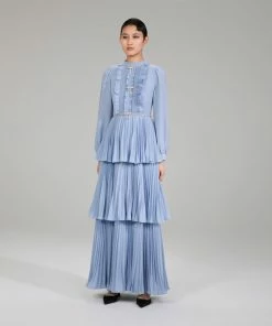 Self-portrait Pastel Blue Ruffled Bib Maxi Dress