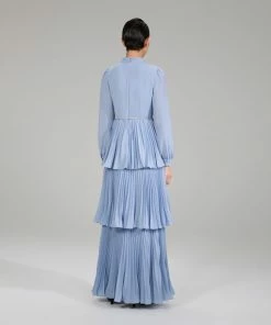 Self-portrait Pastel Blue Ruffled Bib Maxi Dress