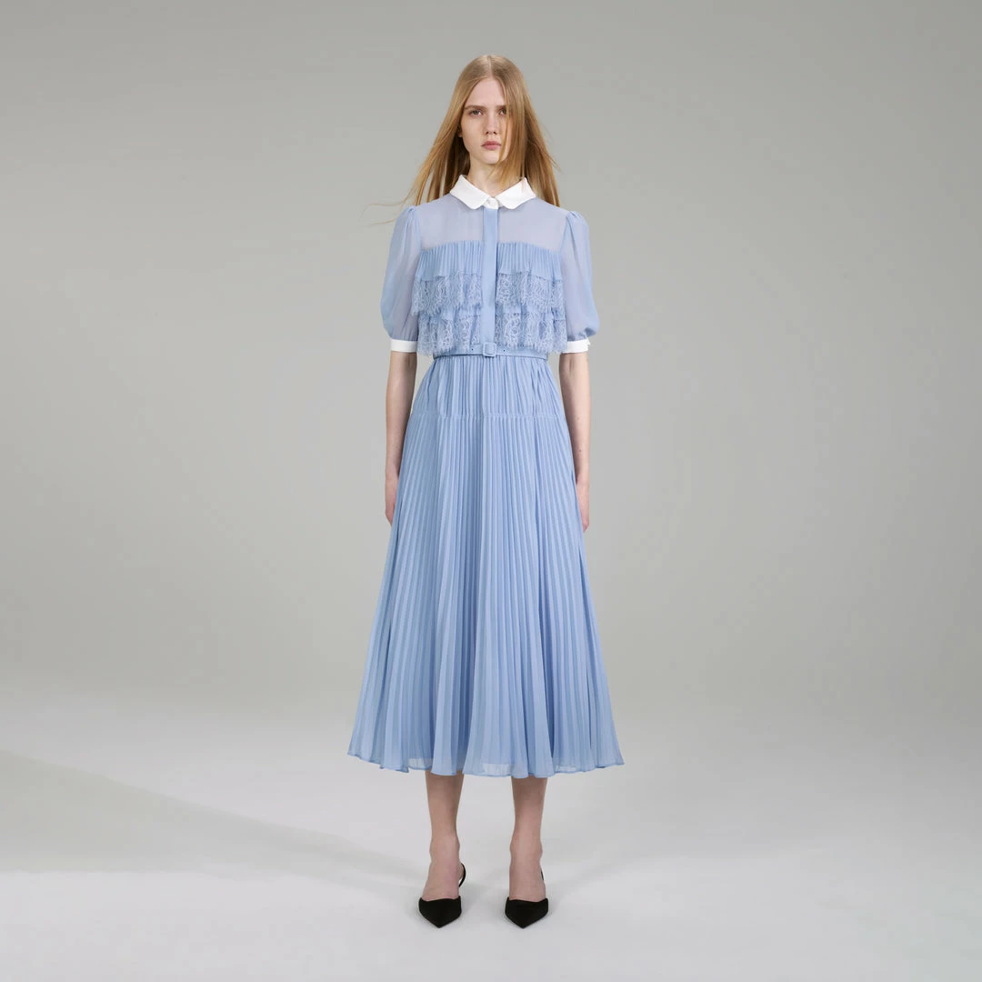 Self-portrait Pastel Blue Chiffon Midi Dress NEW ARRIVALS