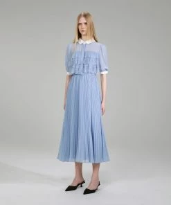 Self-portrait Pastel Blue Chiffon Midi Dress NEW ARRIVALS