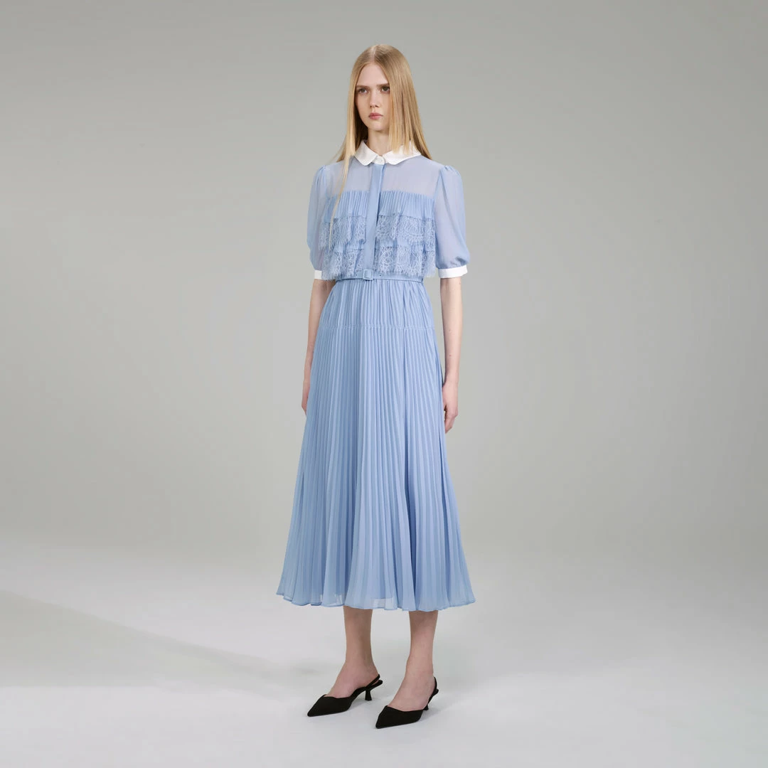 Self-portrait Pastel Blue Chiffon Midi Dress NEW ARRIVALS
