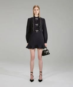 Self-portrait NEW ARRIVALS Black Crepe Ruffled Bib Mini Dress