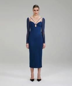 Self-portrait Dark Blue Jersey Crepe Midi Dress NEW ARRIVALS