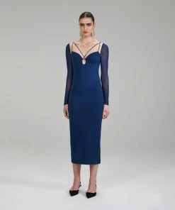 Self-portrait Dark Blue Jersey Crepe Midi Dress NEW ARRIVALS