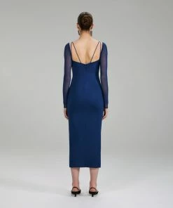 Self-portrait Dark Blue Jersey Crepe Midi Dress NEW ARRIVALS