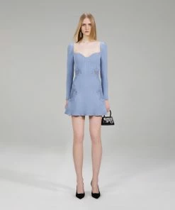 Self-portrait NEW ARRIVALS Pastel Blue Lace Insert Knit Mini Dress