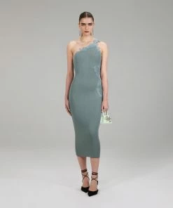 Self-portrait Pale Green One Shoulder Ribbed Knit Dress