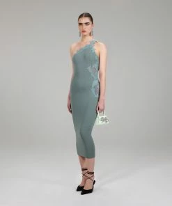 Self-portrait Pale Green One Shoulder Ribbed Knit Dress