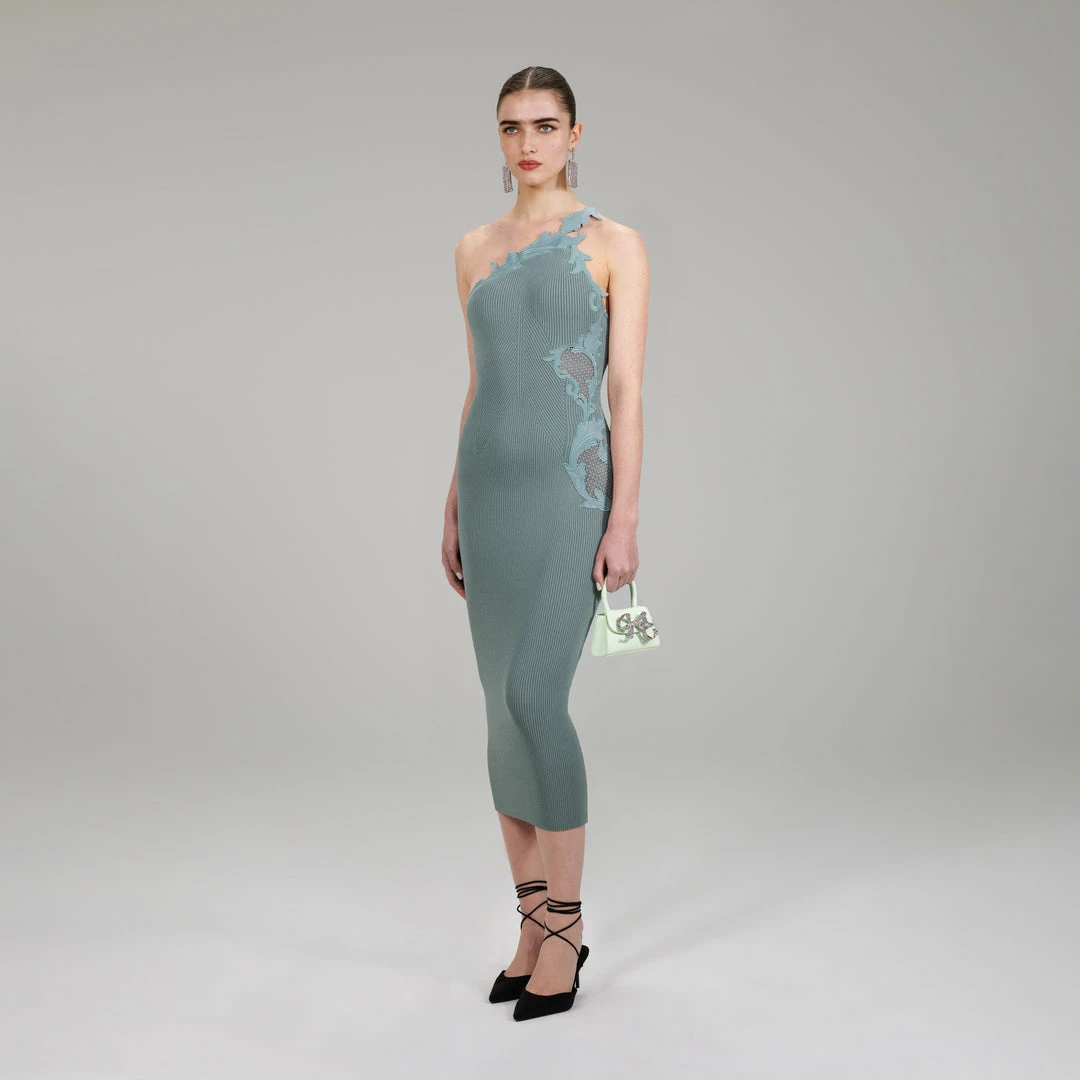 Self-portrait Pale Green One Shoulder Ribbed Knit Dress