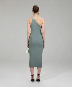 Self-portrait Pale Green One Shoulder Ribbed Knit Dress