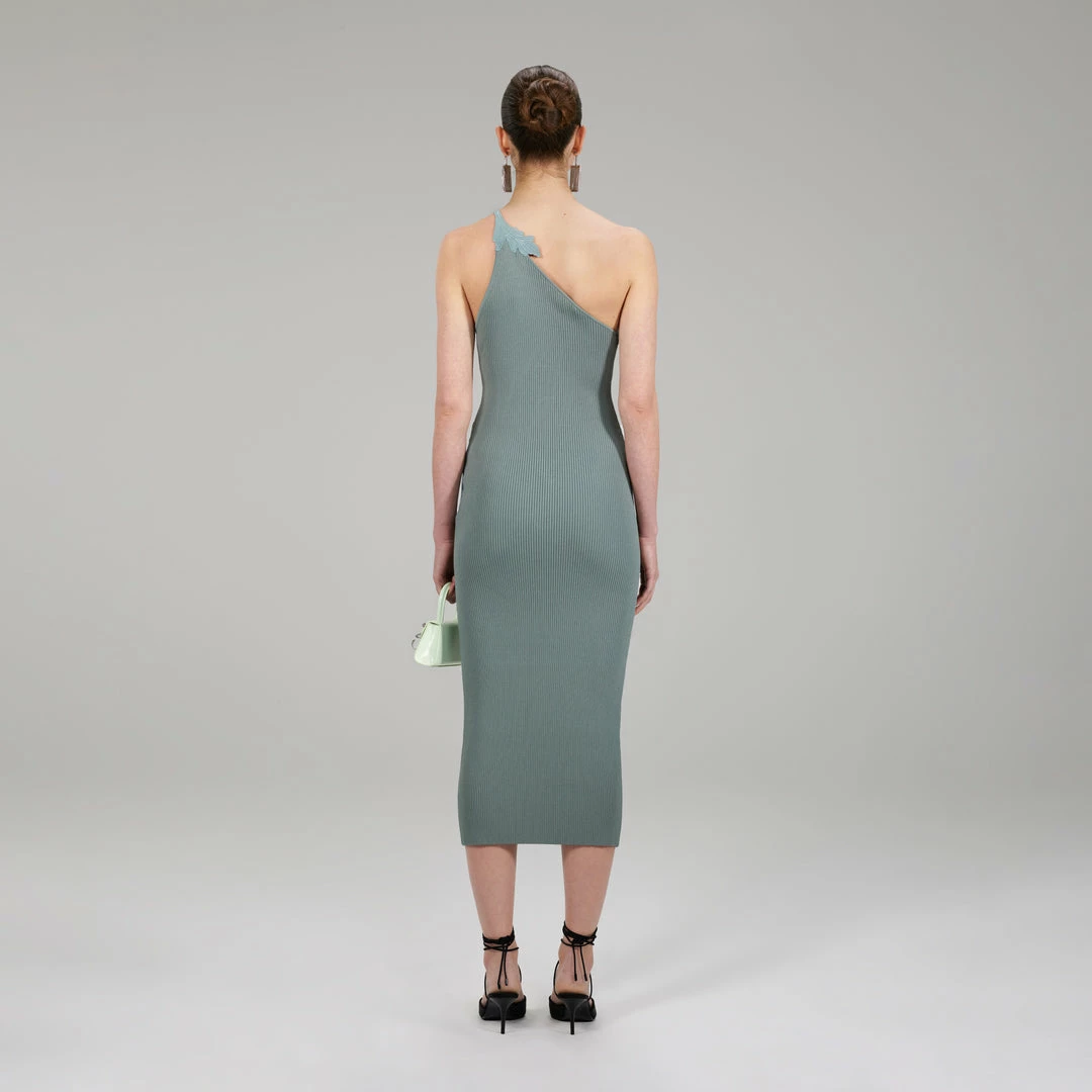 Self-portrait Pale Green One Shoulder Ribbed Knit Dress