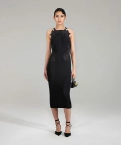Self-portrait NEW ARRIVALS Black Lace Insert Knit Midi Dress