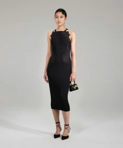 Self-portrait NEW ARRIVALS Black Lace Insert Knit Midi Dress