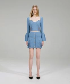 Self-portrait Pastel Blue Lace Insert Ribbed Knit Skirt NEW ARRIVALS